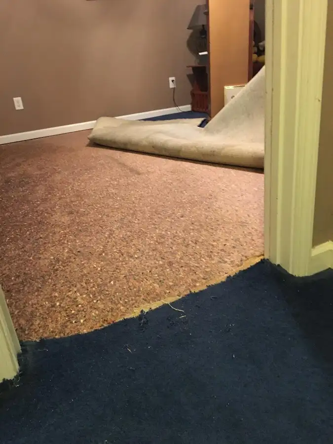Carpet pad removal revealing water damage during Water Mitigation Services in Oswego
